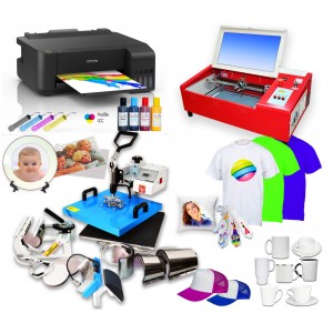 Zestaww COMBO z wymiennymi przystawkami do nadruków na płaskich oraz ceramice typu kubki z drukarką i grawerką laserową